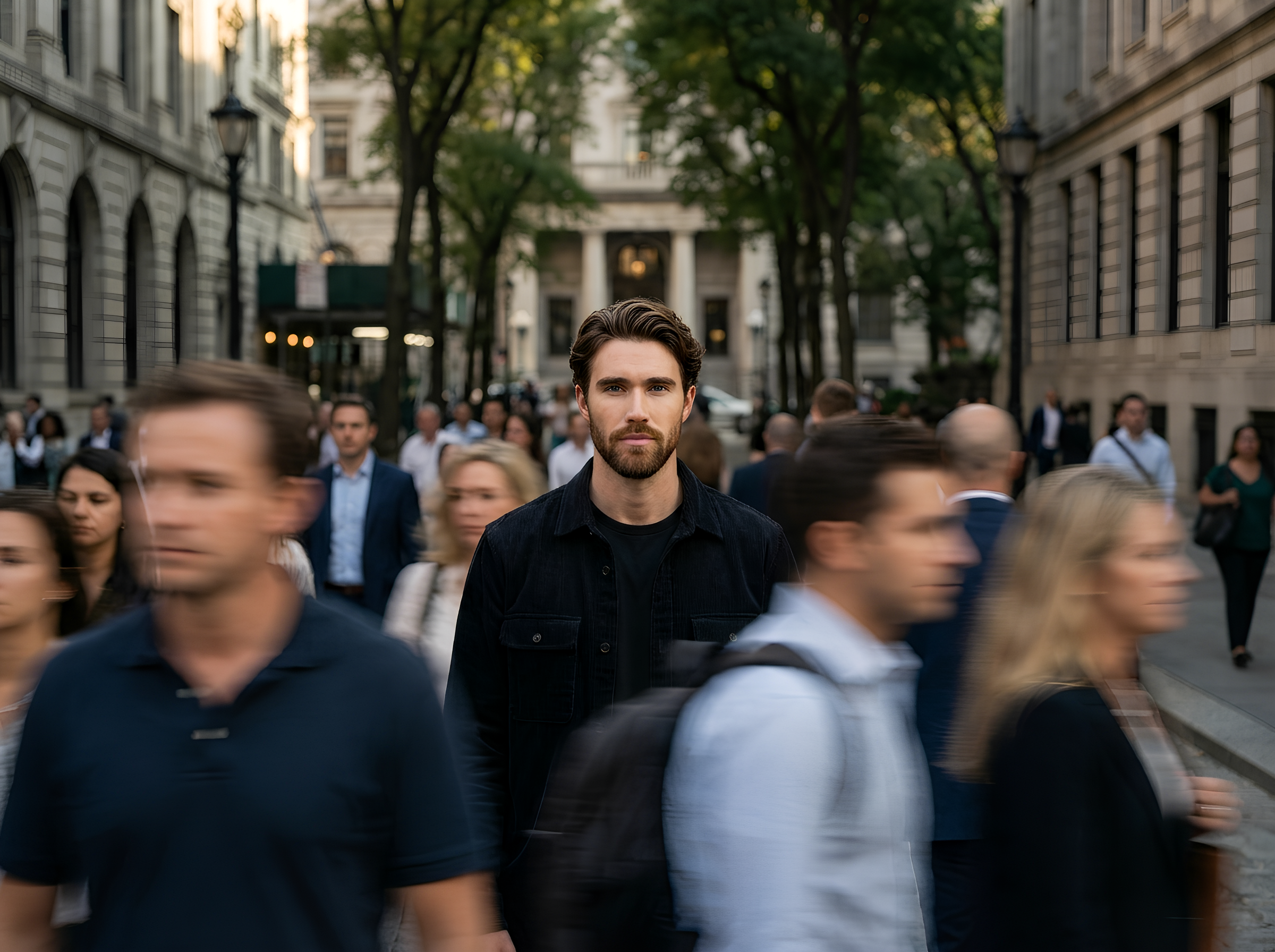 A man stands still and in focus as a blurred crowd of people walks by on a city street.