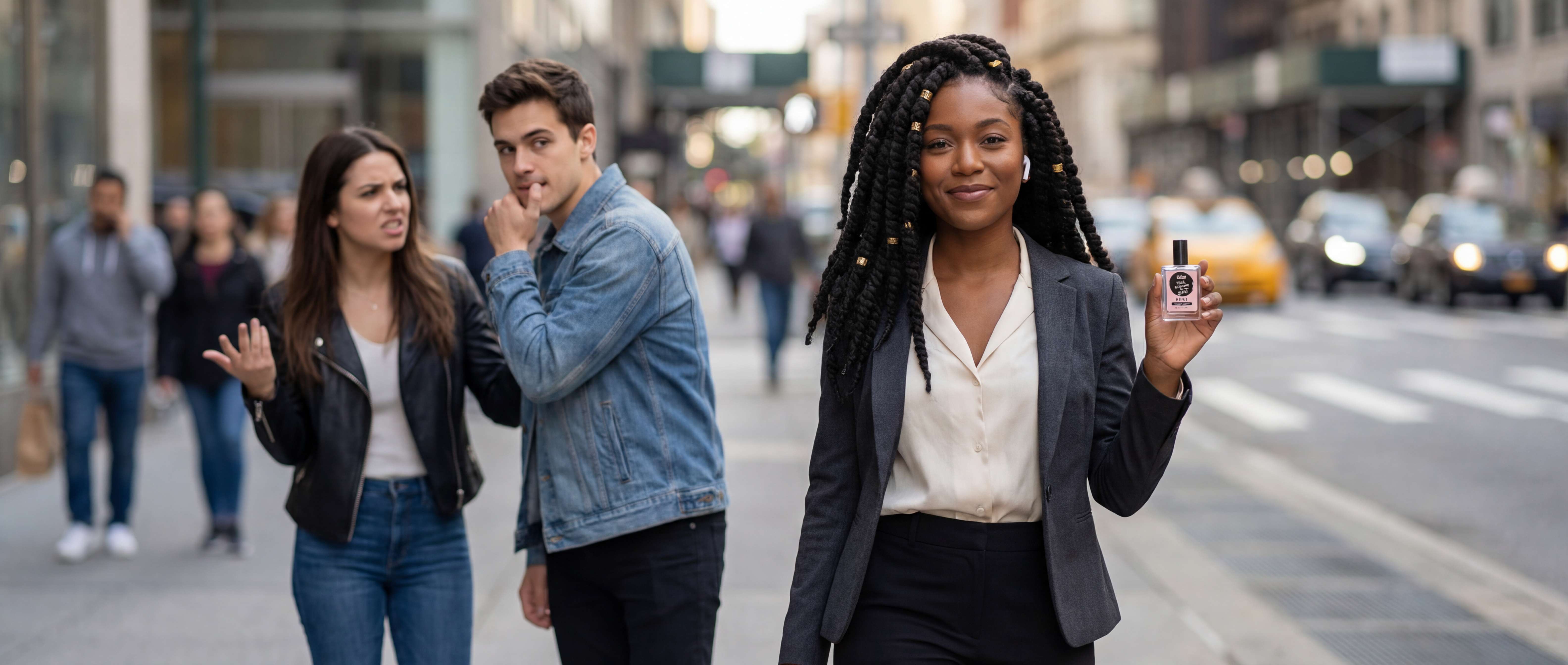 A man looks back at a woman holding a product, while his girlfriend looks on angrily.