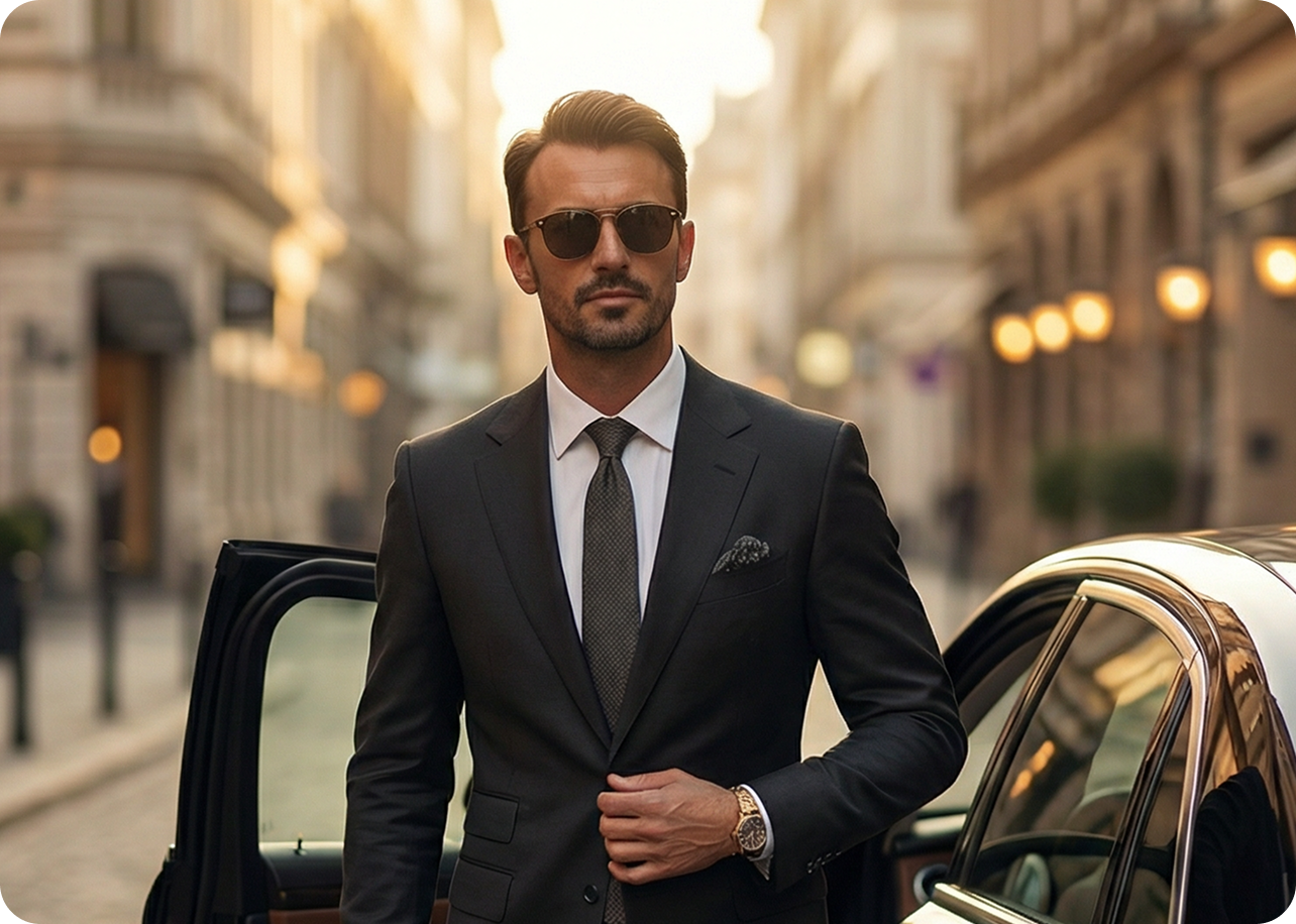 A well-dressed man in a suit and sunglasses standing next to a car on a city street.