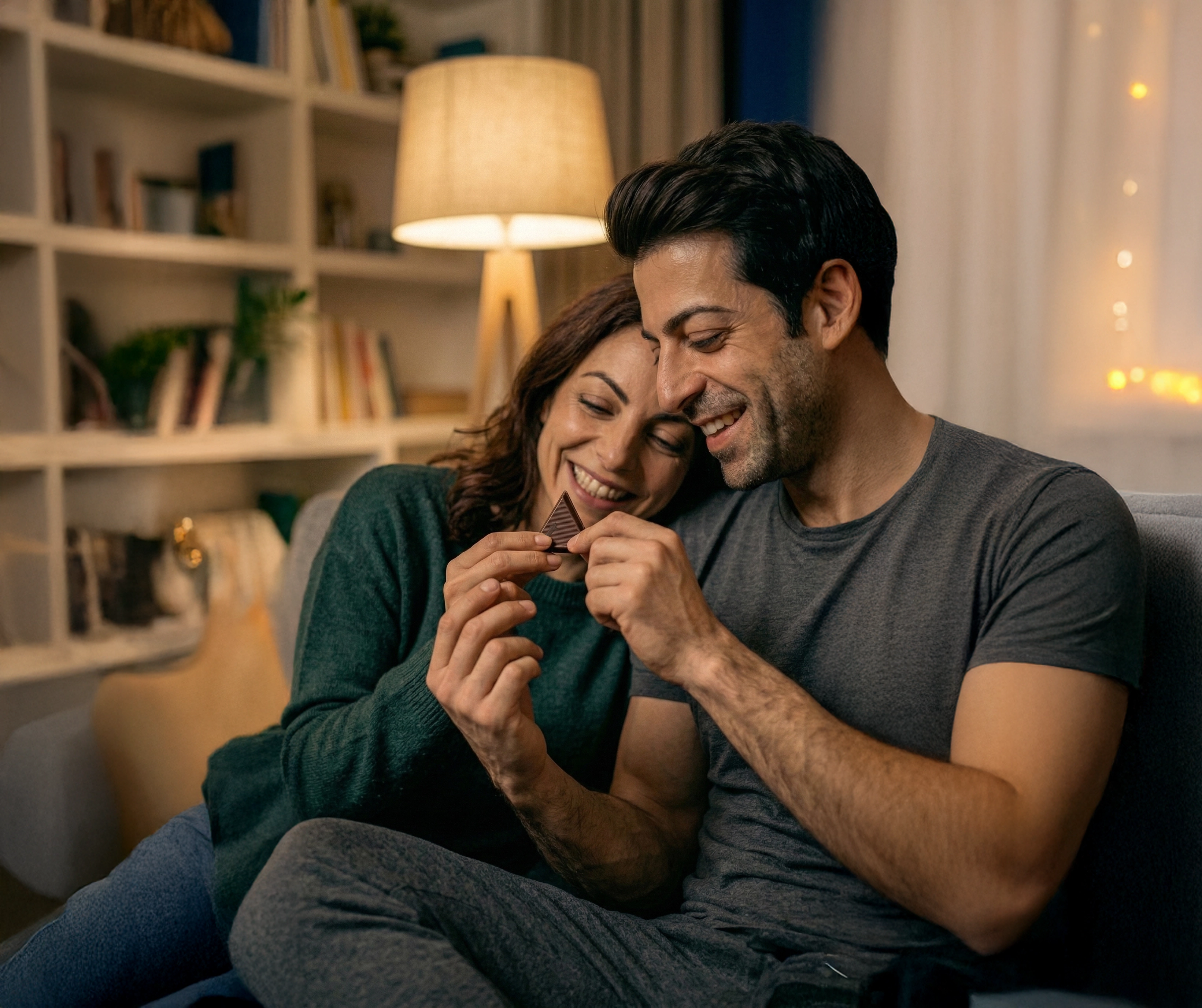 A smiling man and woman sit closely on a couch, sharing a piece of chocolate.
