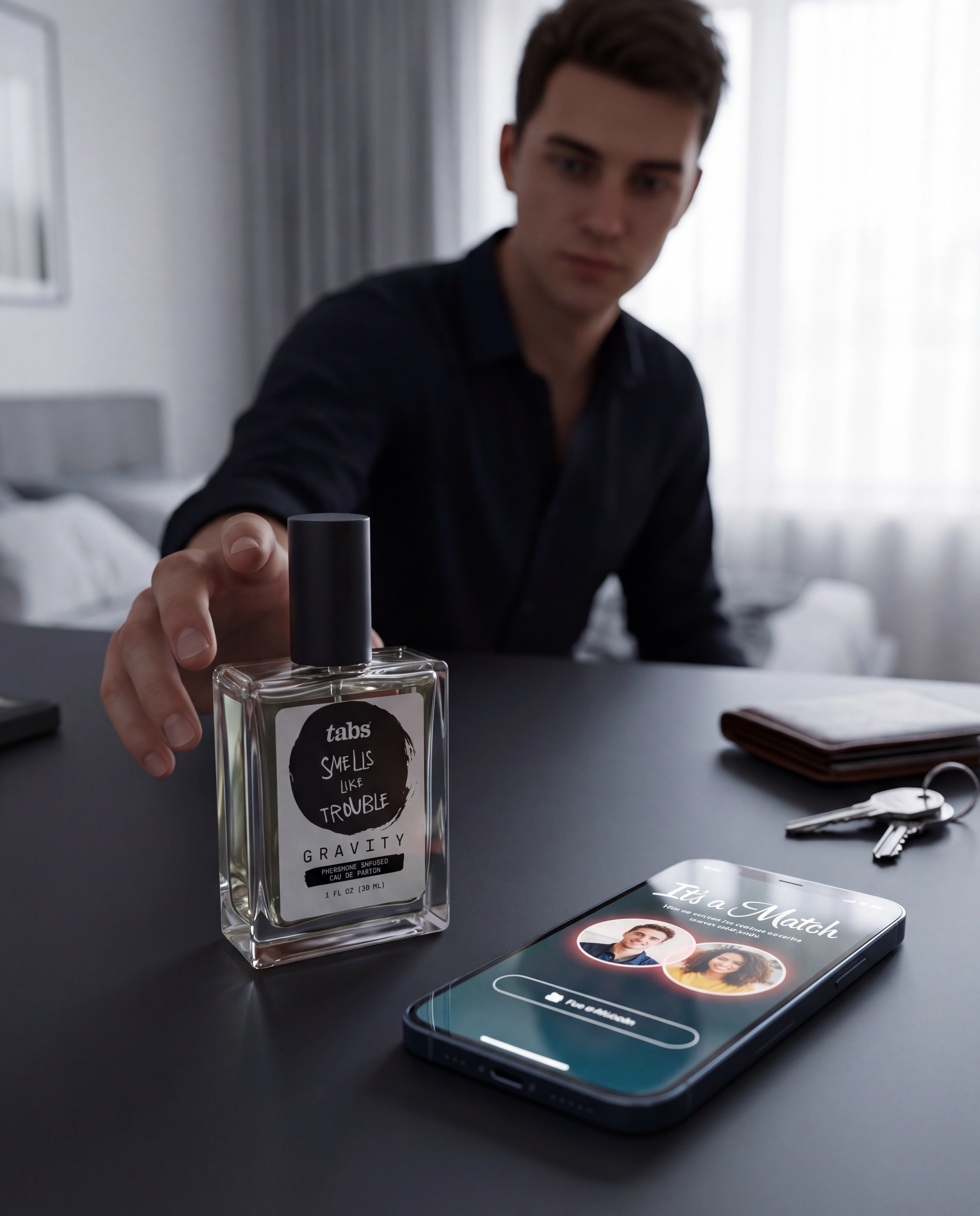 A glass bottle of Tabs perfume sits next to an open box of triangular dark chocolates.