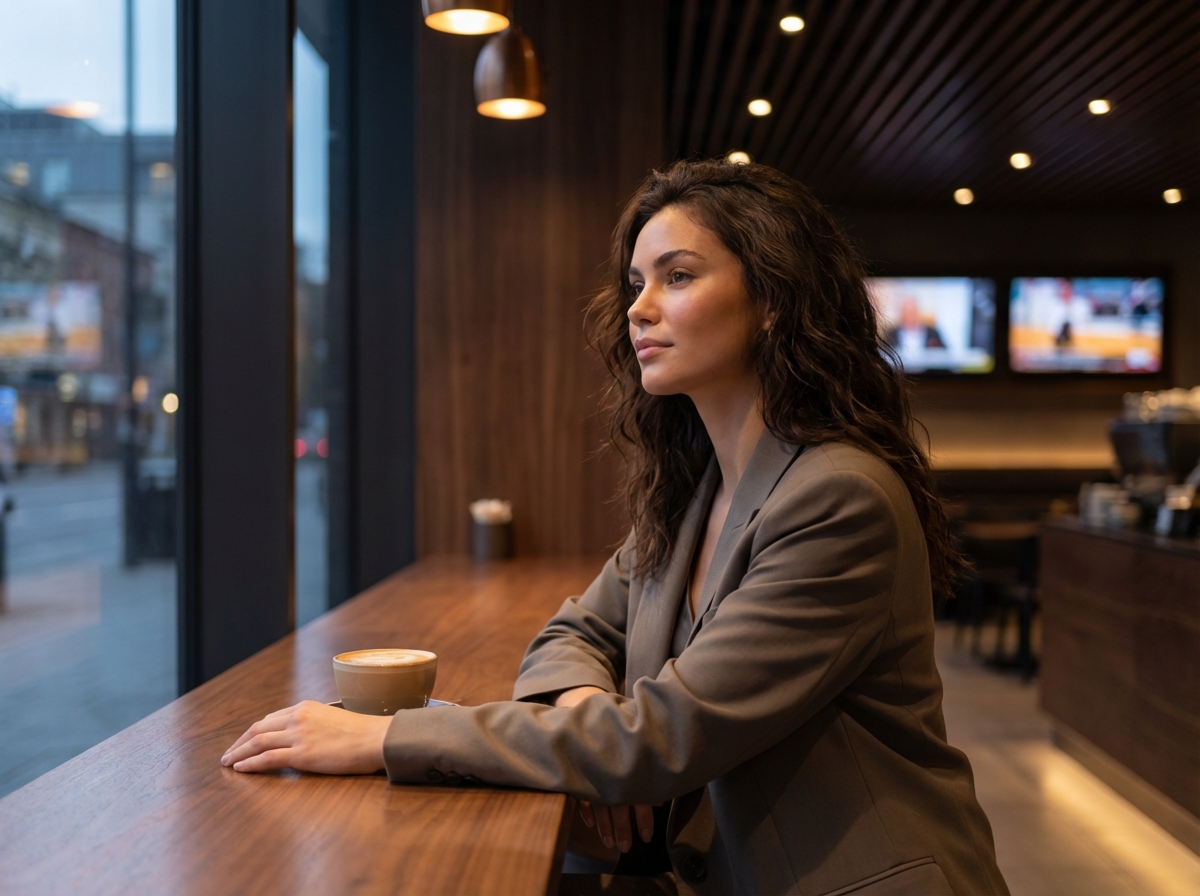 A woman in a blazer sits at a coffee shop counter with a latte, looking out the window.