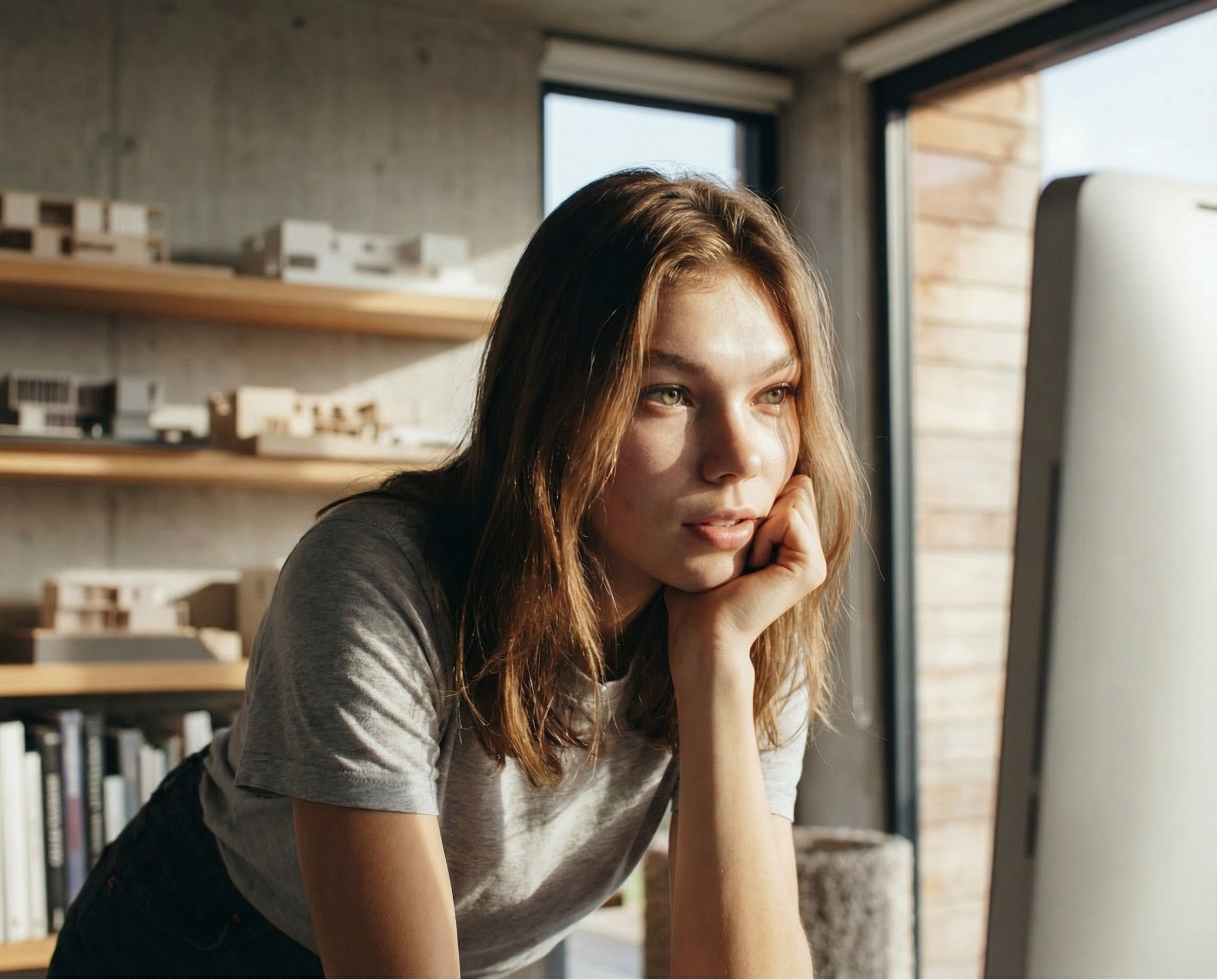 A young woman rests her chin on her hand while looking thoughtfully at a computer monitor.