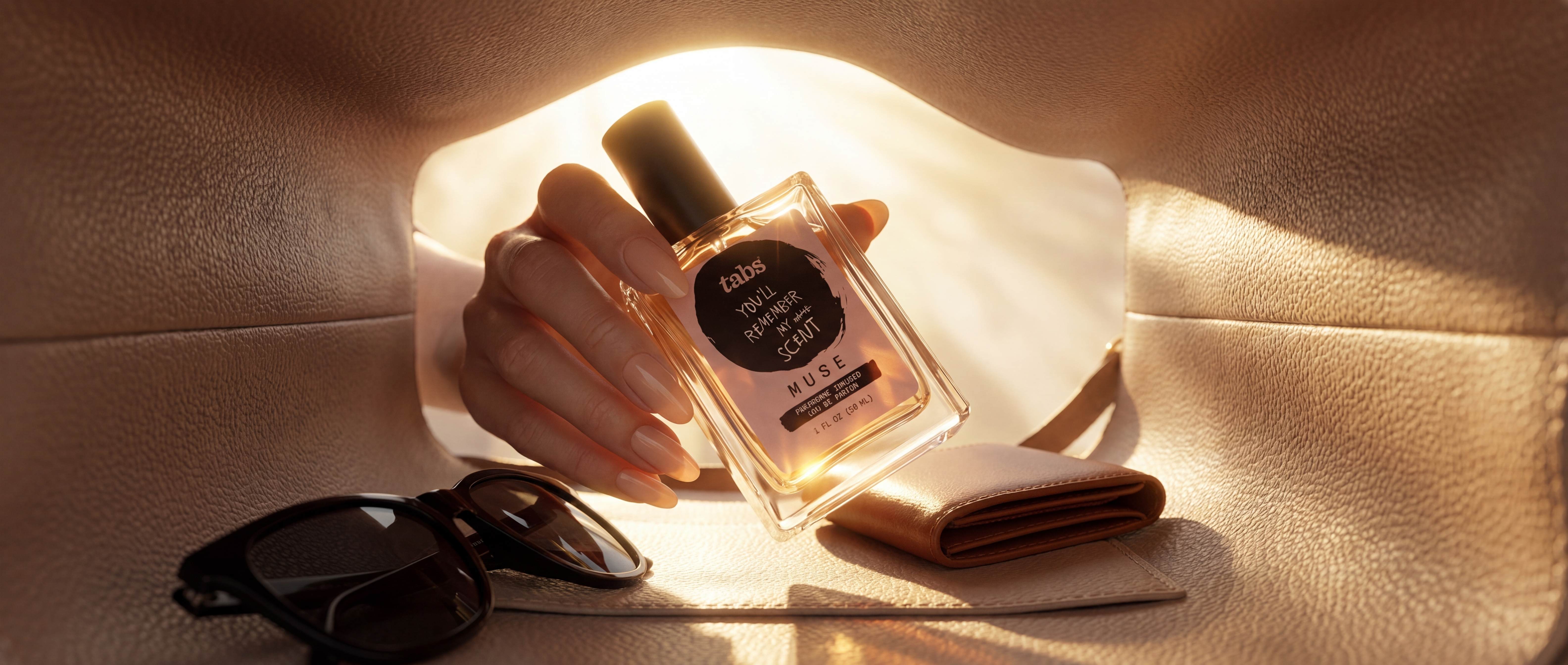 A hand holds a bottle of perfume inside a handbag, next to sunglasses and a wallet.