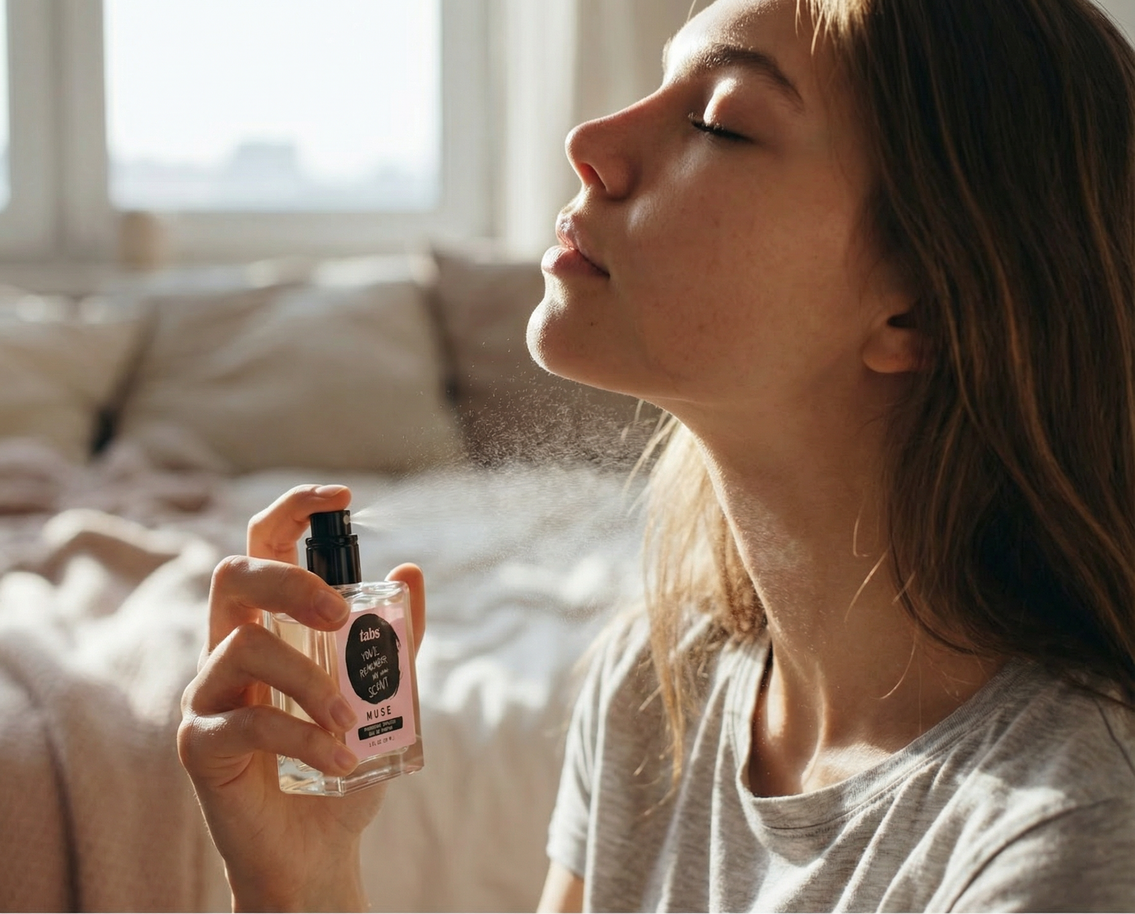 A woman with her eyes closed spraying perfume onto her neck from a clear bottle.