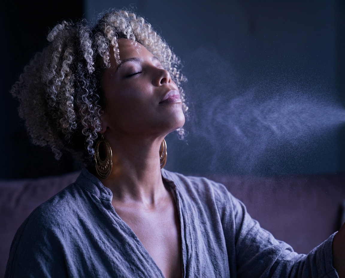 A woman with curly hair and closed eyes sprays a mist onto her face.