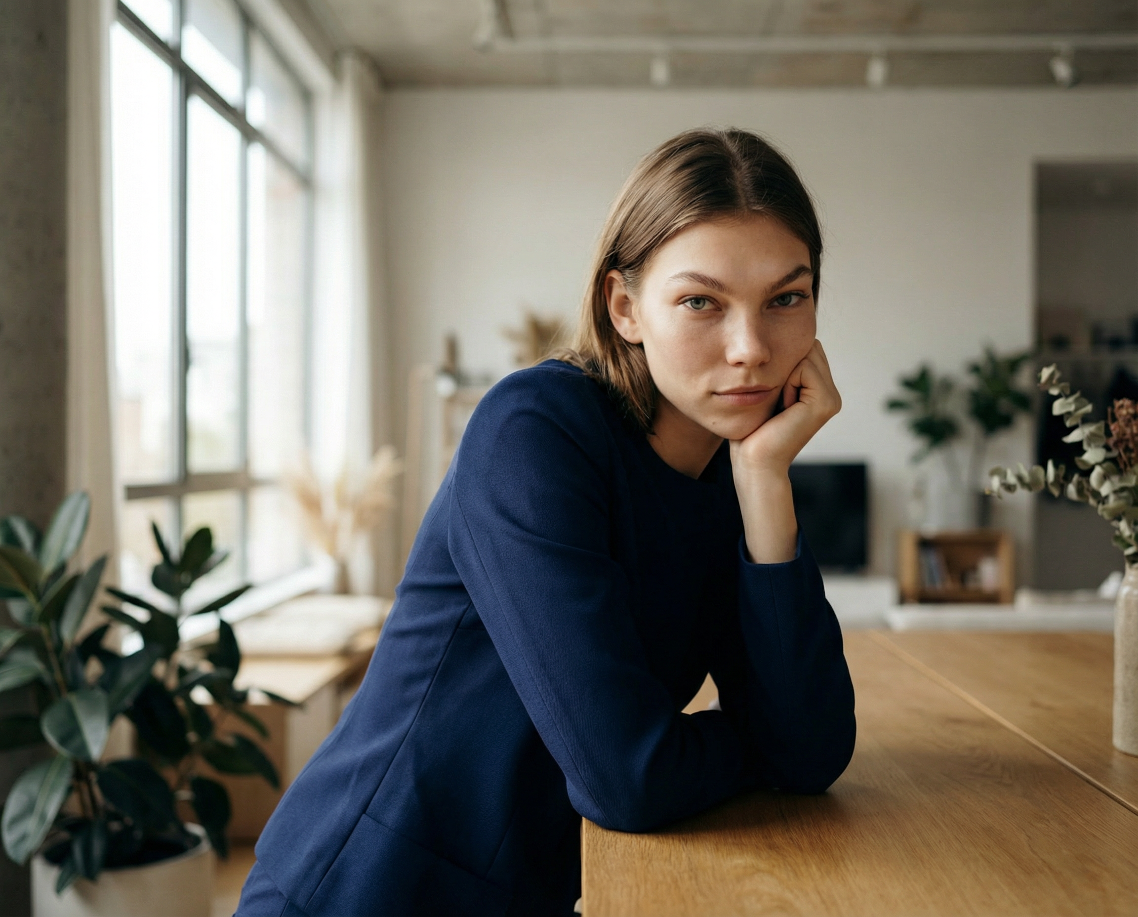 A young woman in a blue jacket leans on a wooden table, resting her chin on her hand.