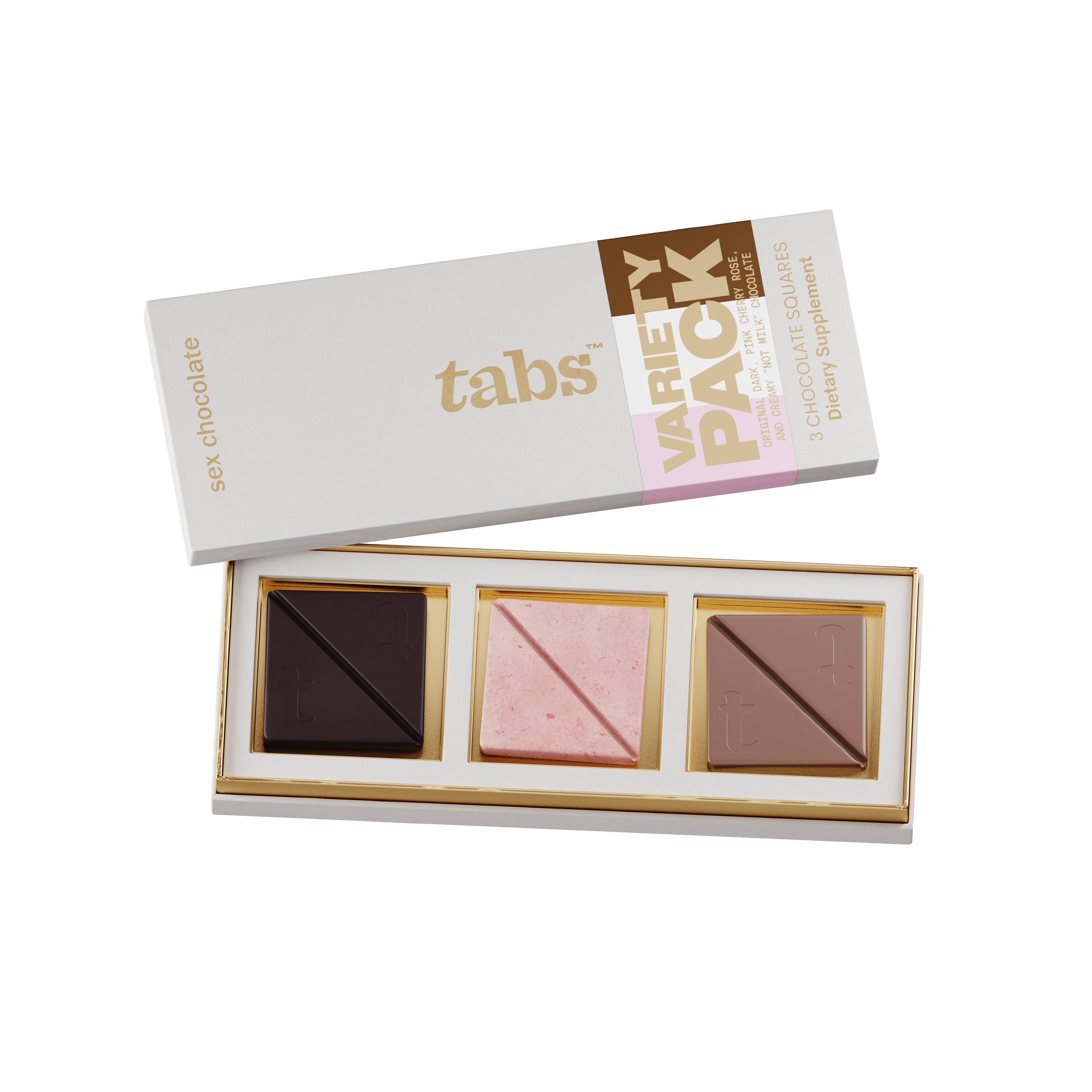 Box of three chocolate squares in different colors, labeled 'tabs' variety pack.