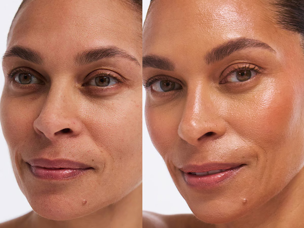 A side-by-side before and after image of a woman's face showing the effects of makeup application.