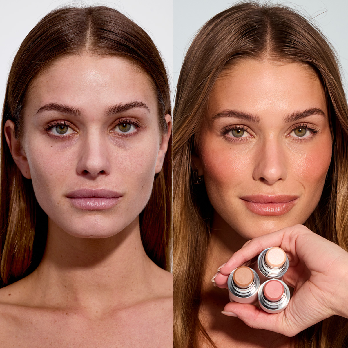 Before and after makeup application on a woman's face, with three makeup products shown.