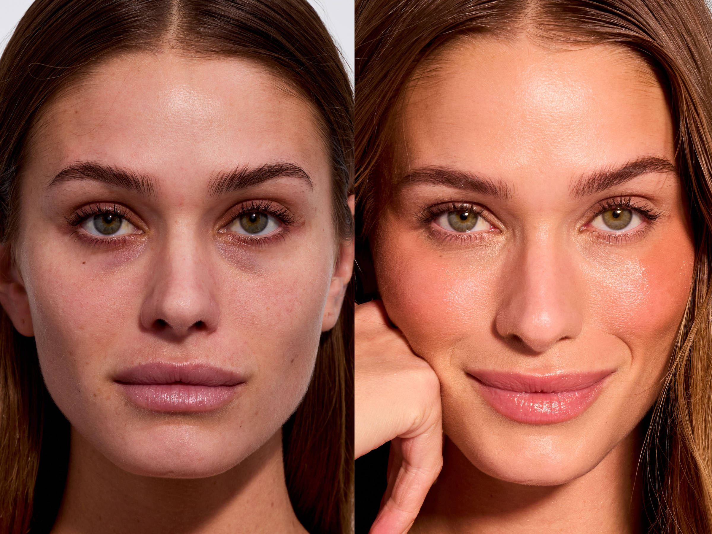 Two side-by-side close-up portraits of a woman's face with different expressions.