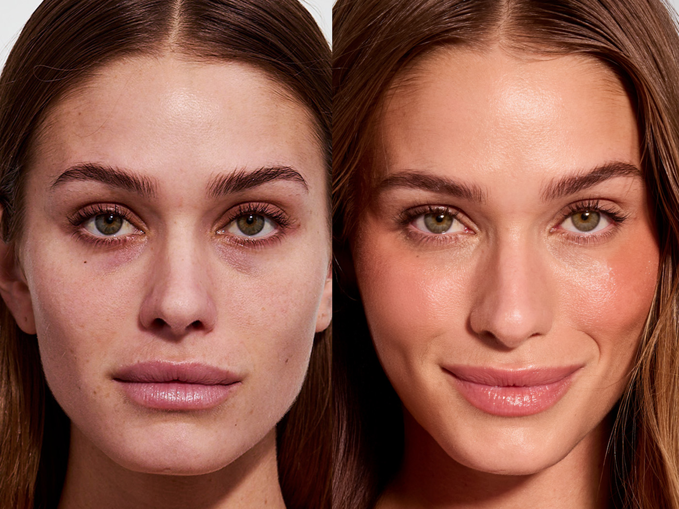 Side-by-side comparison of a woman's face, before and after makeup.