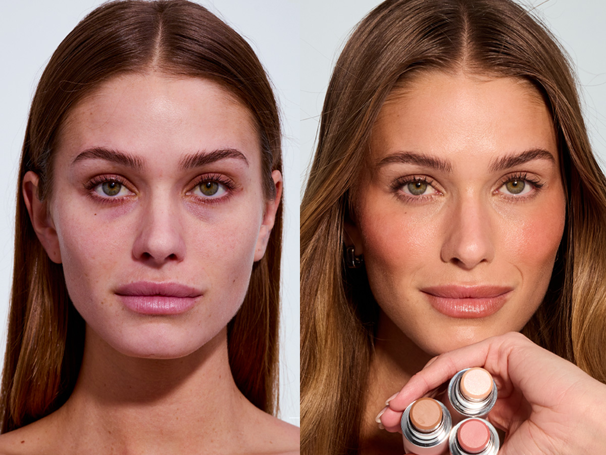 Side-by-side comparison of a woman before and after makeup application.