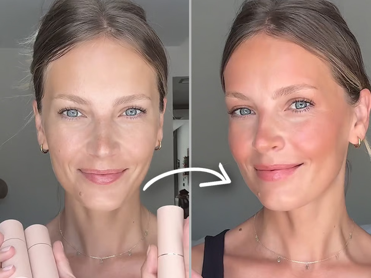 A side-by-side comparison of a woman's face before and after applying a bronzing makeup stick.