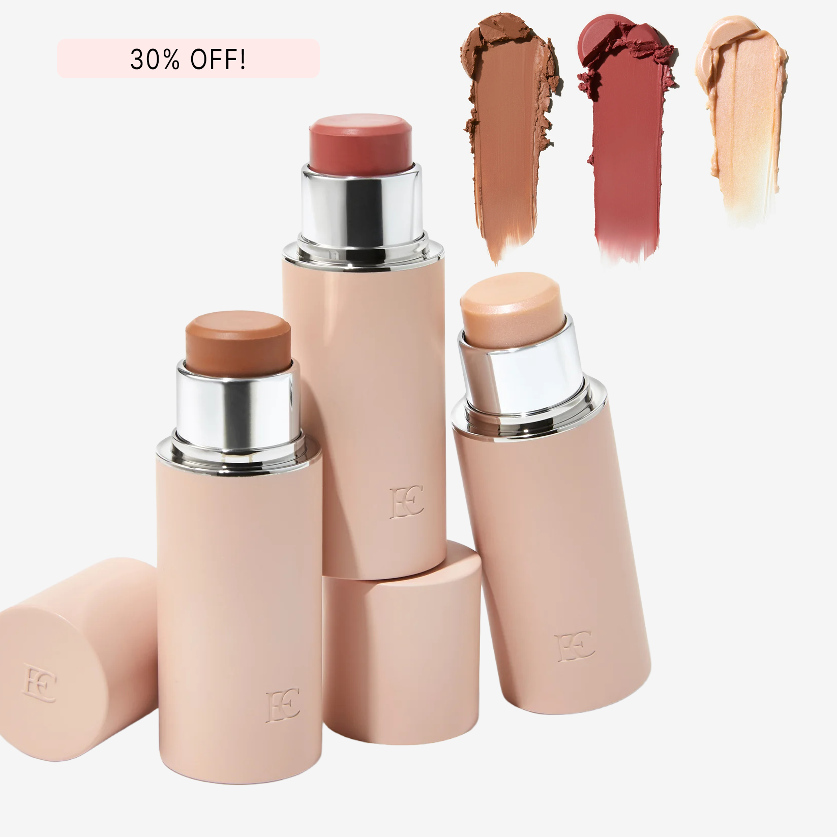 Three makeup sticks with swatches and a 30% off label.
