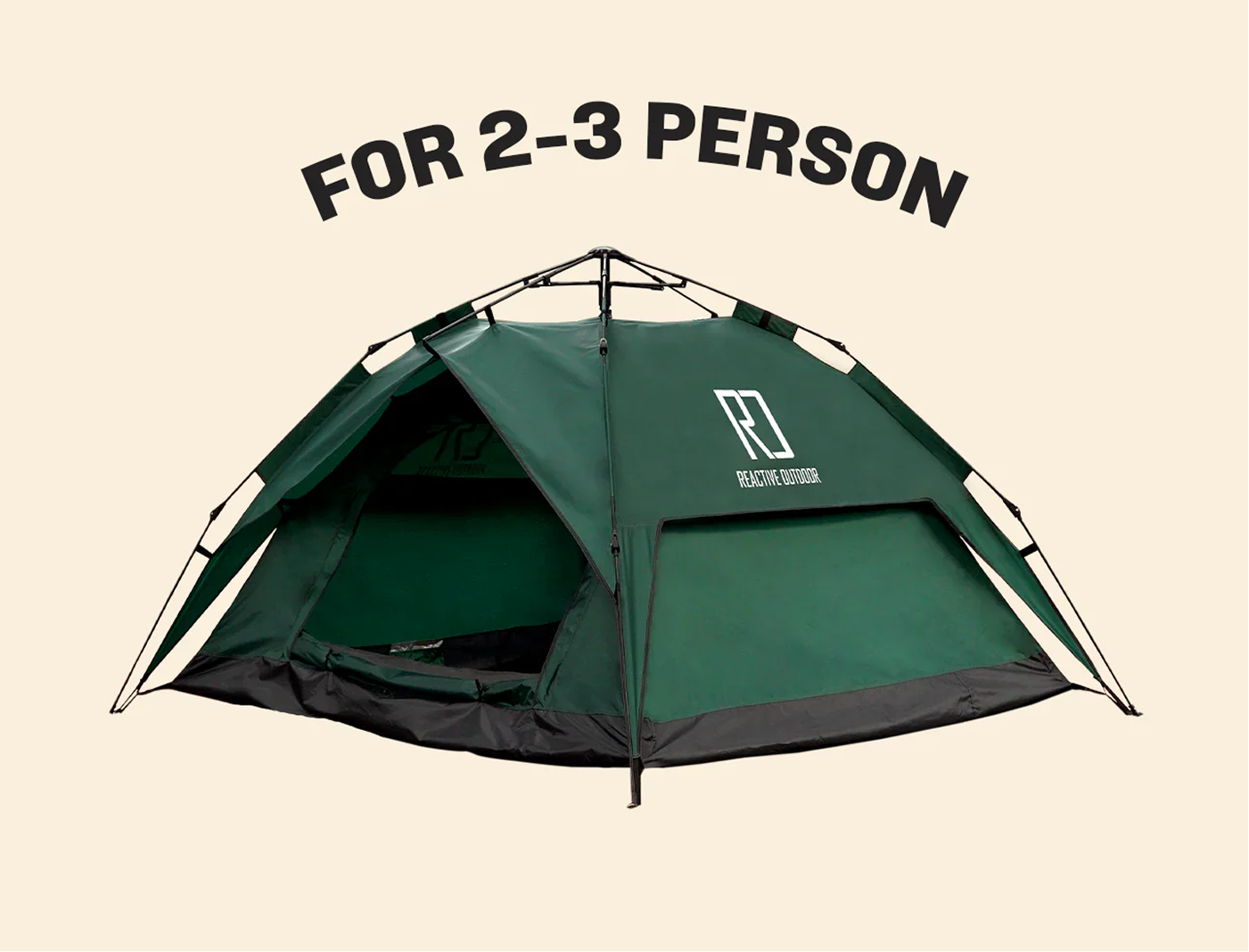 Green tent for 2-3 people with 'Reactive Outdoor' logo.