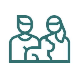Outline of two people with a dog in between.