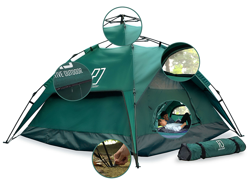 Green camping tent with close-up insets and people inside, next to a carrying bag.