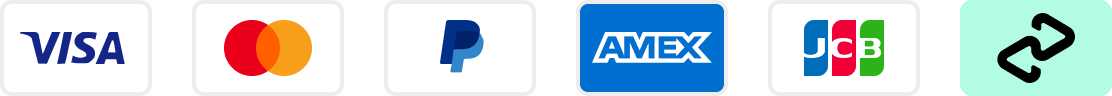 Logos of Visa, Mastercard, PayPal, Amex, JCB, and a chain link icon.