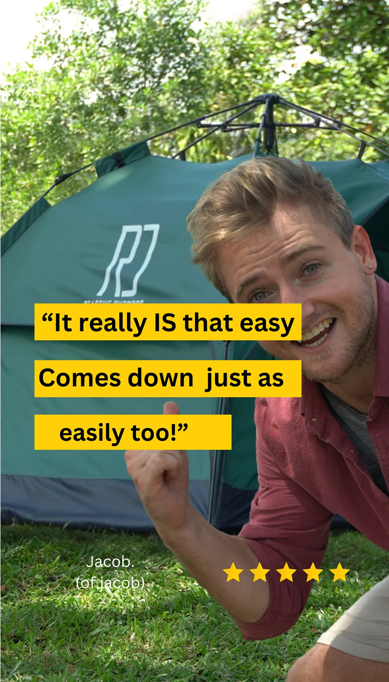 Person pointing at a tent with text overlay and star ratings.