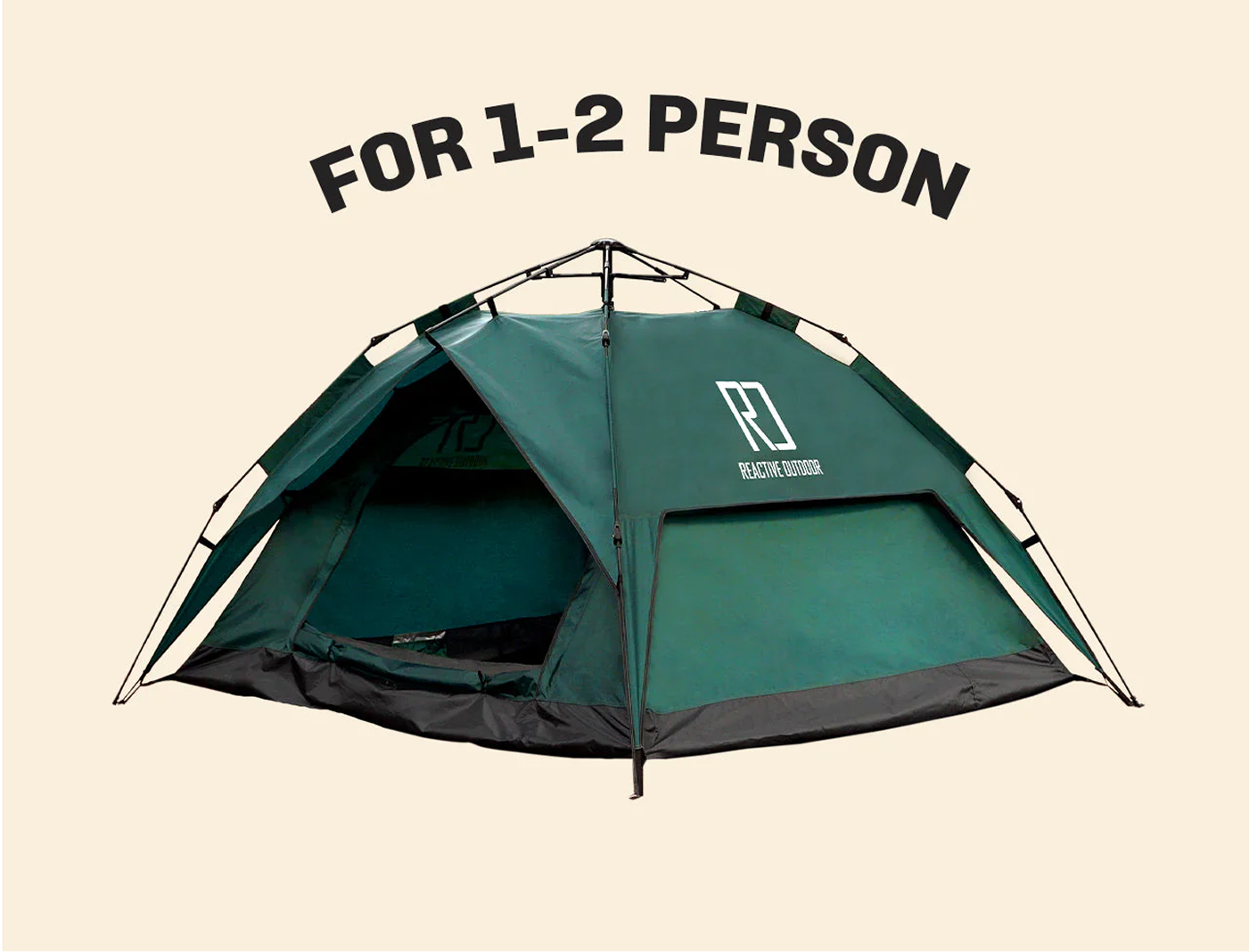 Green tent for 1-2 people with 'Reactive Outdoor' logo.