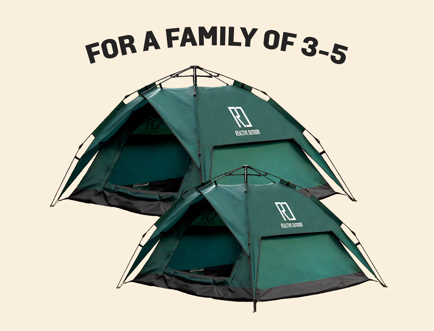 Two green tents with text 'For a family of 3-5' above.