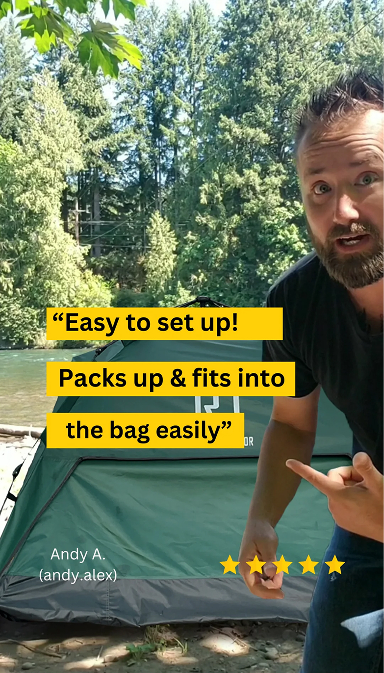Man pointing at a green tent with text overlay and forest background.