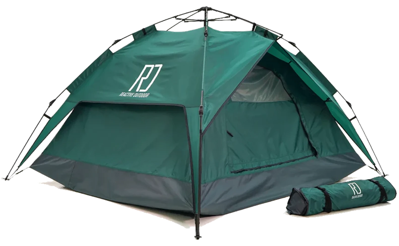Green camping tent with a rolled-up carrying bag beside it.