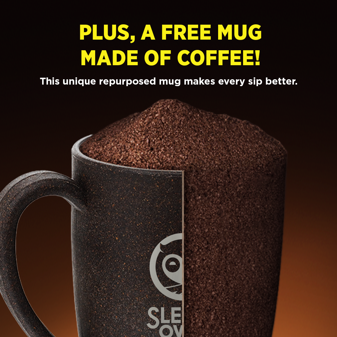 Mug made of coffee grounds with promotional text above.
