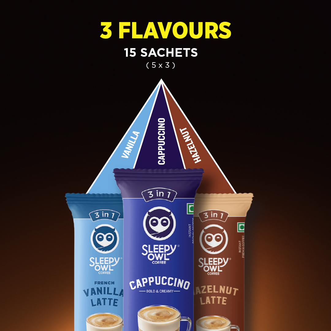 Three Sleepy Owl coffee sachets in vanilla, cappuccino, and hazelnut flavors.