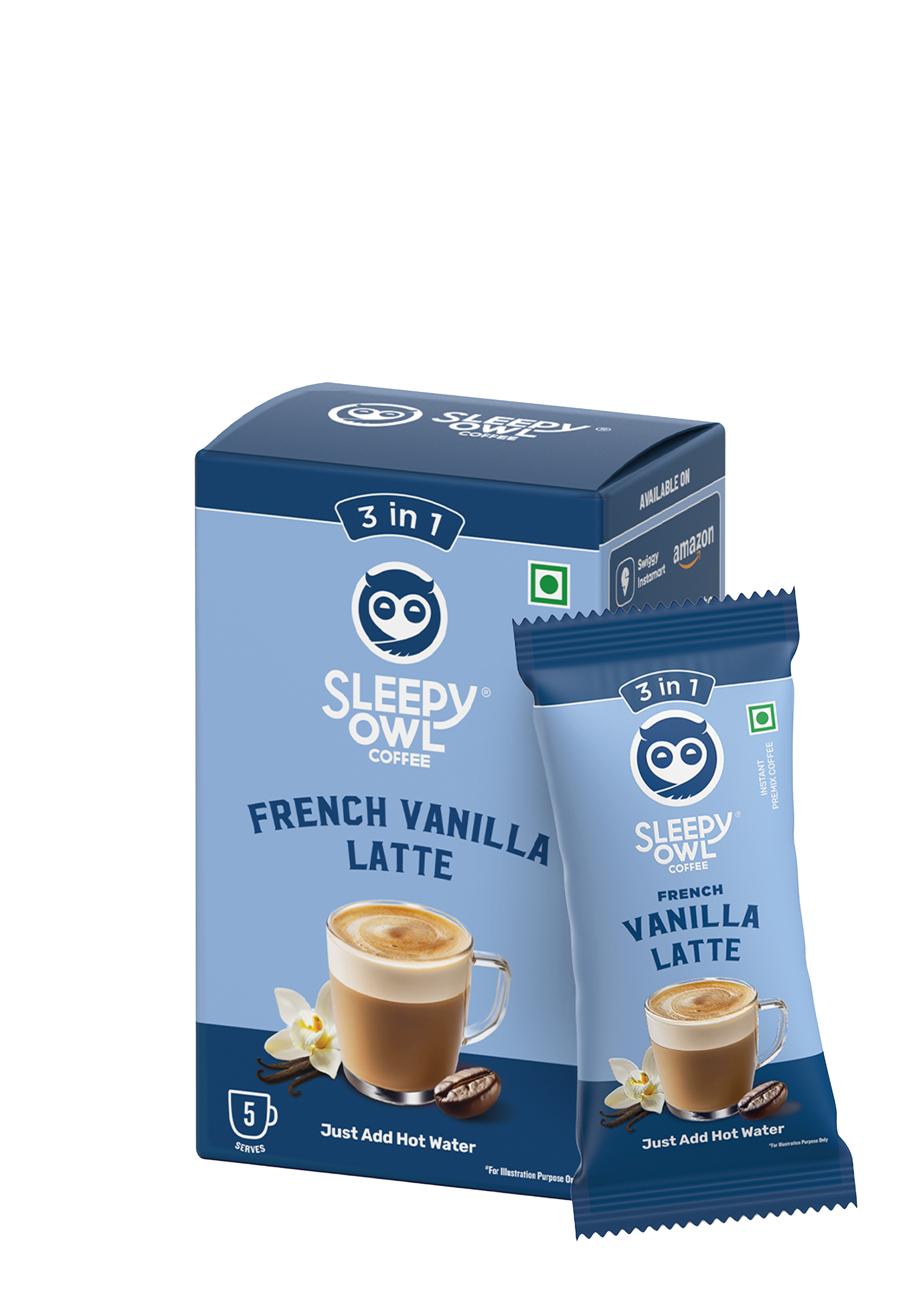 Box and sachet of Sleepy Owl French Vanilla Latte.