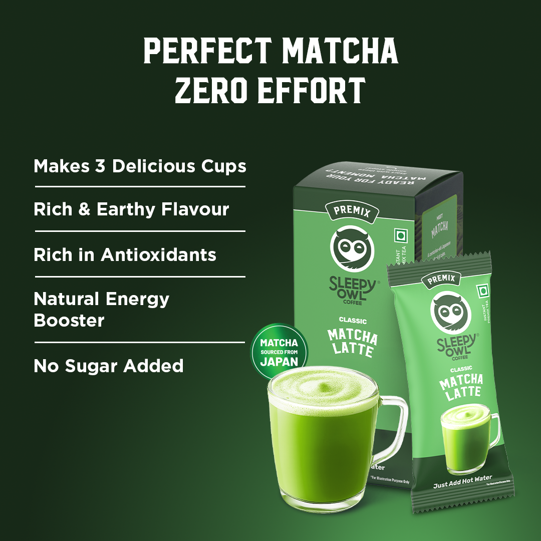 Matcha latte product packaging with promotional text on a dark background.