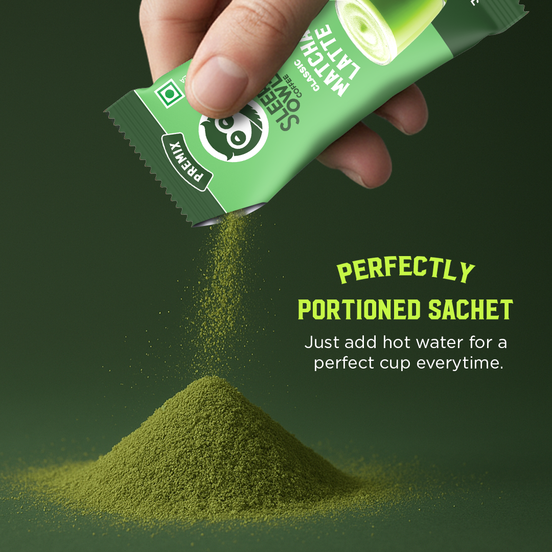 Hand pouring green matcha powder from sachet with text on green background.