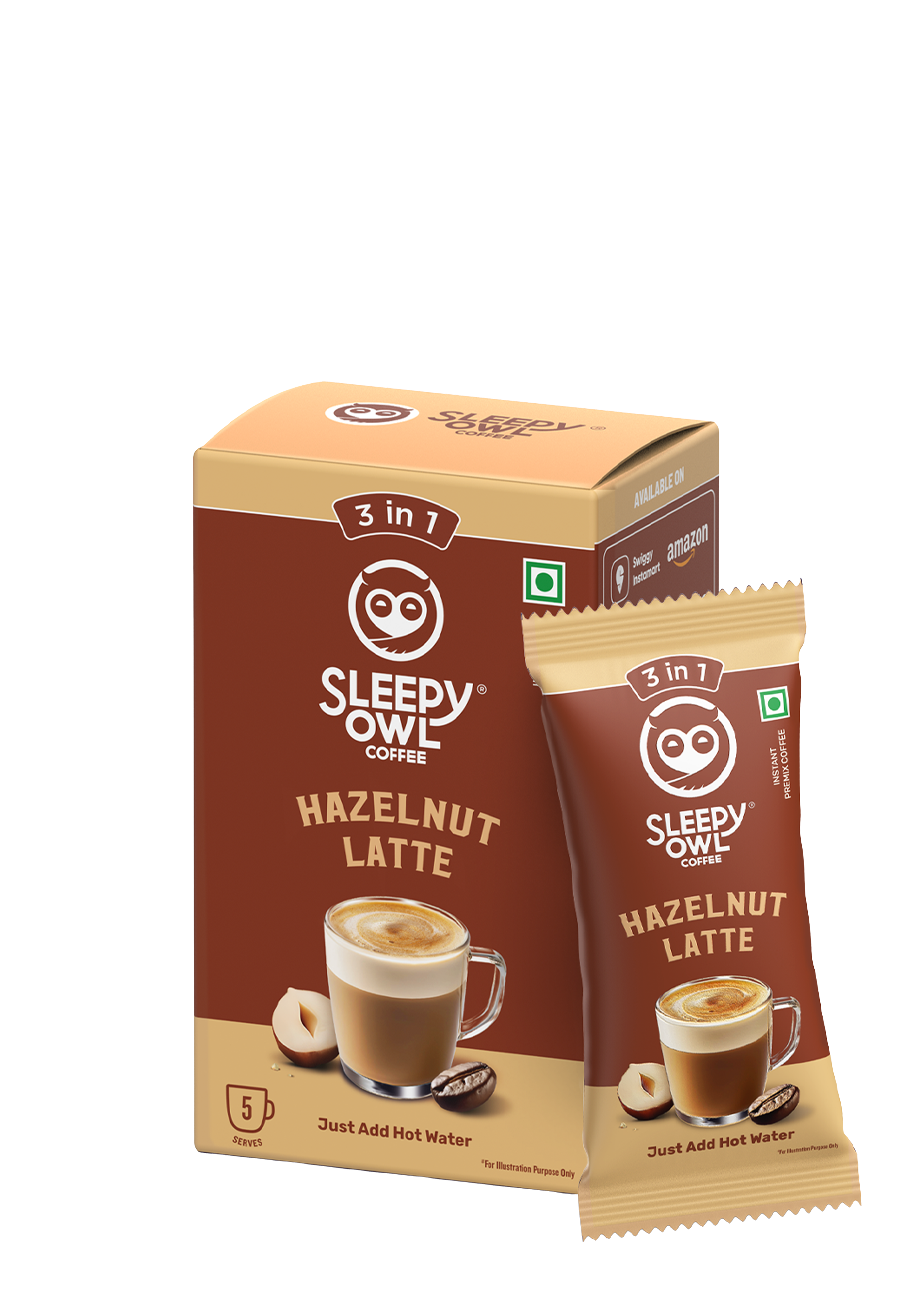 Sleepy Owl Hazelnut Latte 3-in-1 coffee box and sachet.