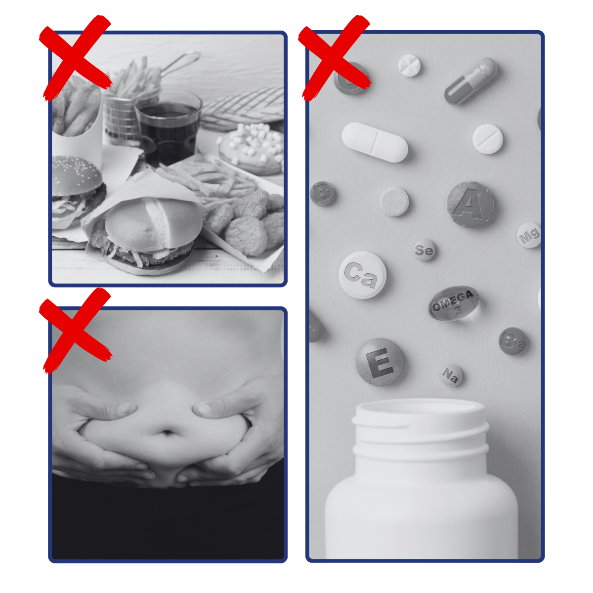 A collage contrasting crossed-out images of fast food and belly fat with an image of vitamins.