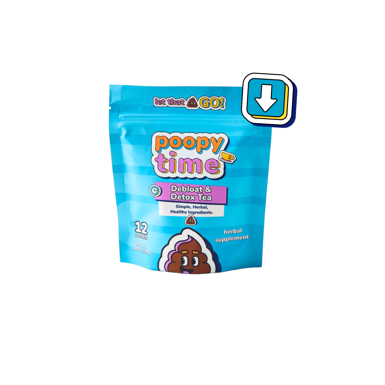 Blue package of 'Poopy Time' debloat and detox tea with cartoon poop illustration.