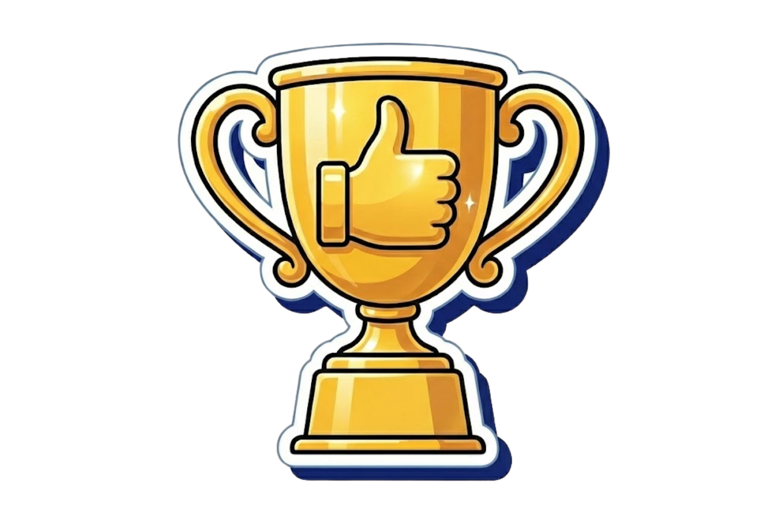 A sticker-style illustration of a gold trophy with a thumbs-up symbol on the front.