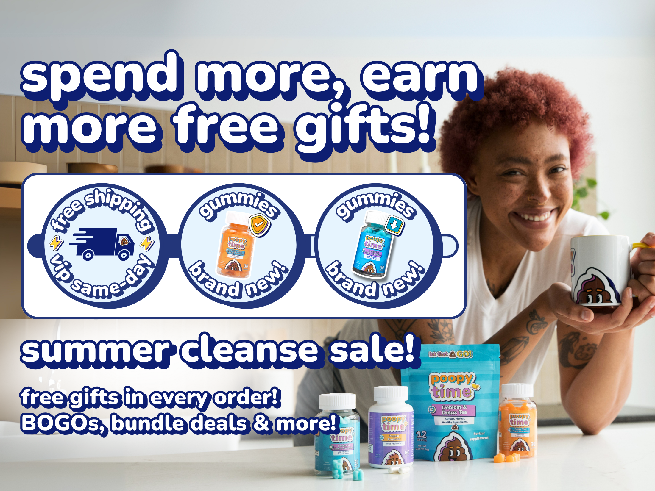 Smiling person holding a mug, with supplements and promotional text about free gifts and sales.