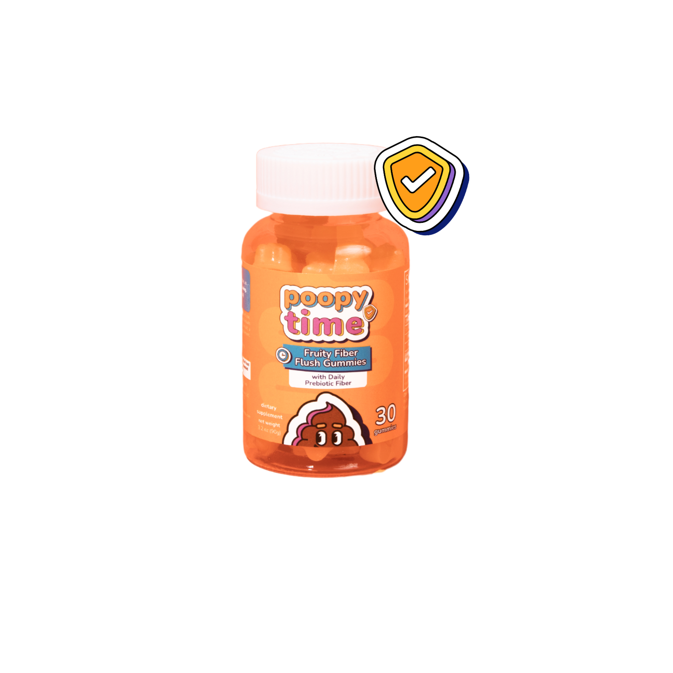 Orange bottle of fruity fiber flush gummies with cartoon poop character.