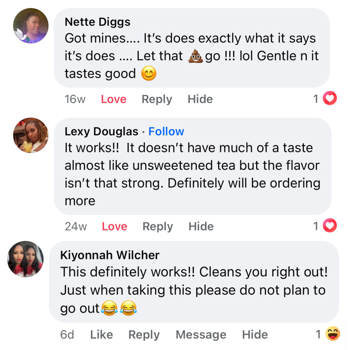A screenshot of three positive customer reviews from a social media platform.