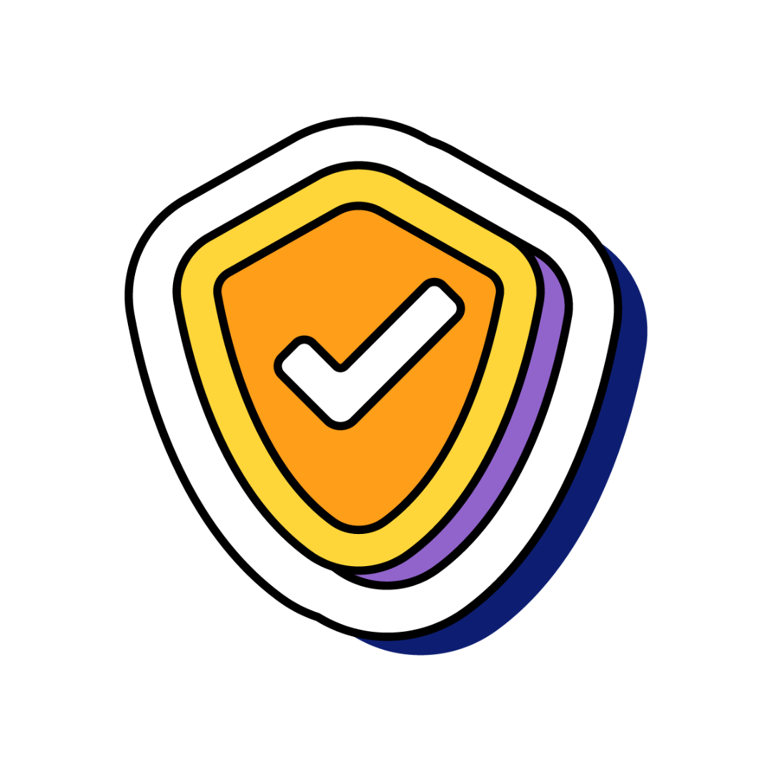 A colorful cartoon-style shield icon with a white checkmark in the center on a black background.