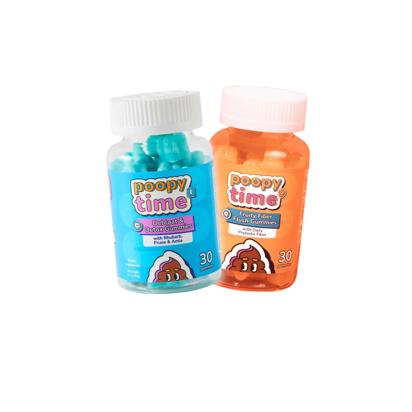 Two bottles of 'poopy time' gummies, one blue and one orange, with cartoon poop illustrations.