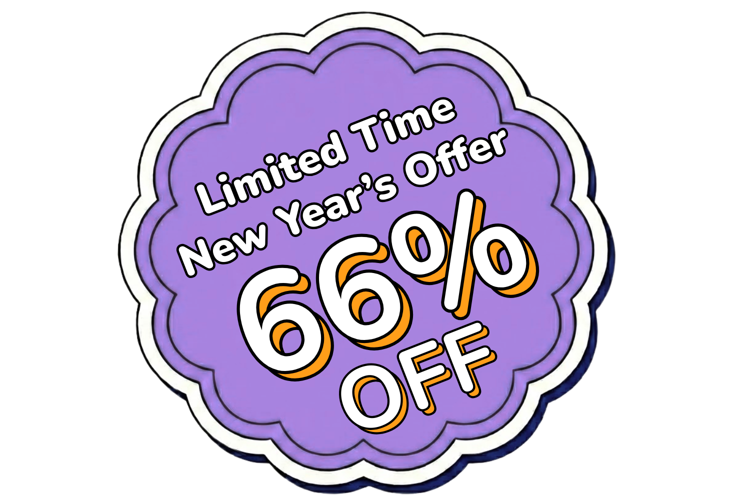 A purple sticker advertising a limited time New Year's offer of 66% off.