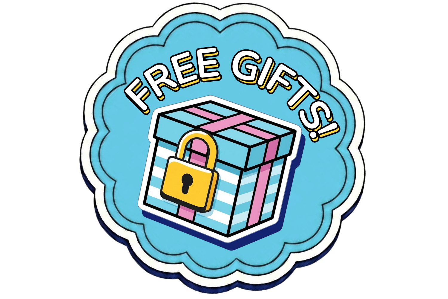 A cartoon sticker with a locked gift box and the text 'FREE GIFTS!'.