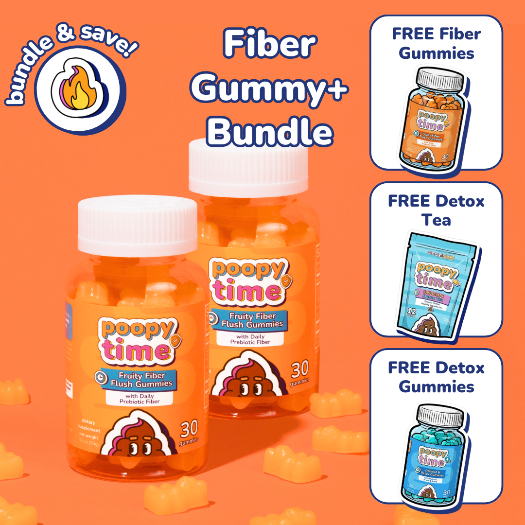 An advertisement for a fiber gummy bundle, showing two bottles of gummies and several free items.