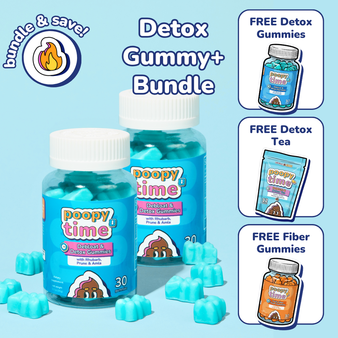 A promotional graphic for Poopy Time brand's Detox Gummy+ Bundle, showing the products included in the offer.