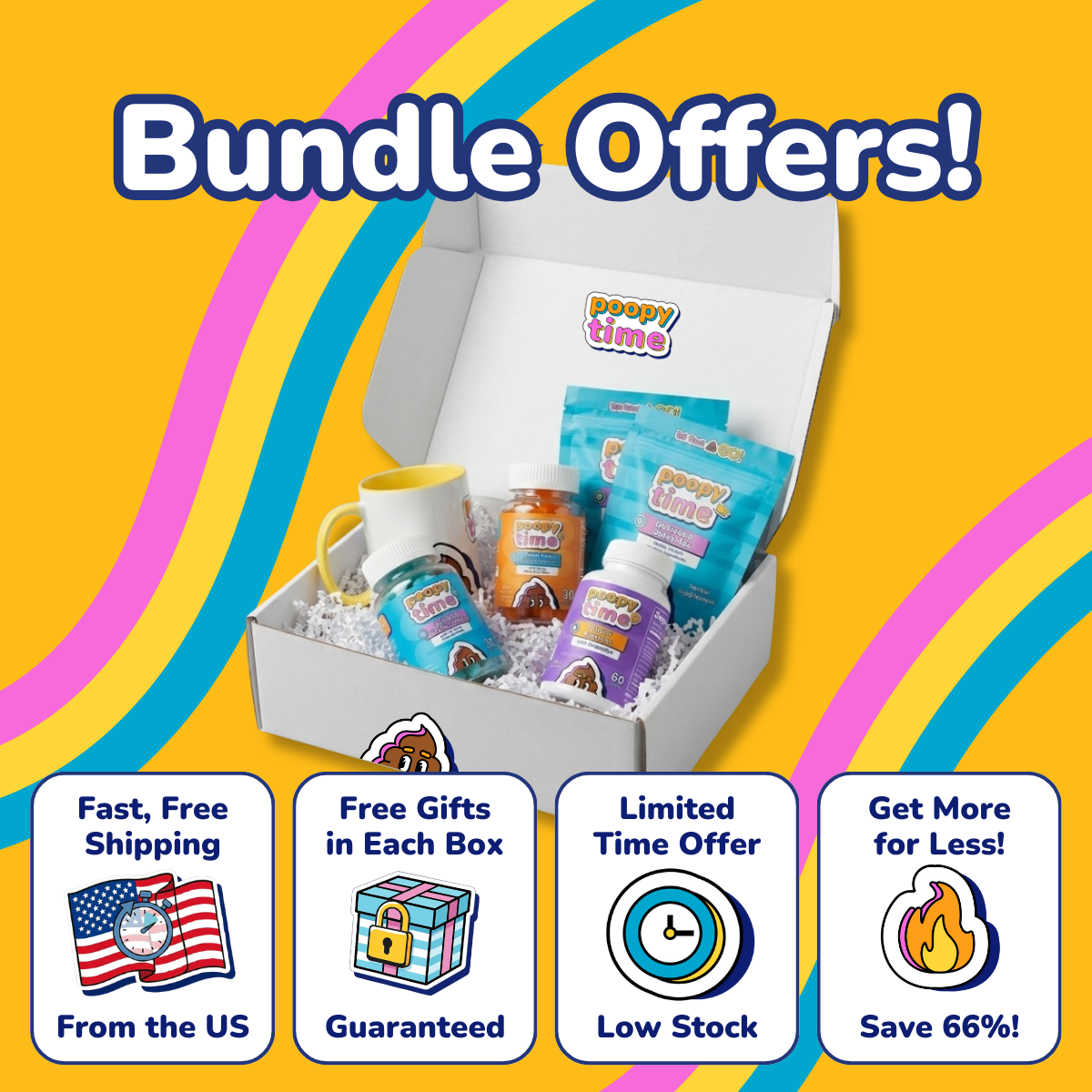 A promotional image for 'poopy time' bundle offers, showing a box filled with branded products and marketing icons.