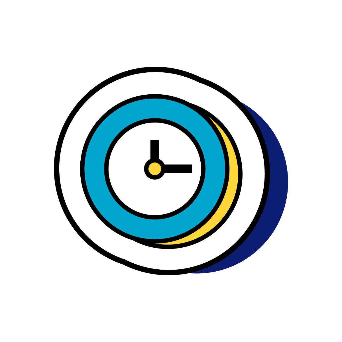 A stylized icon of a clock in white, blue, and yellow with a dark blue shadow.