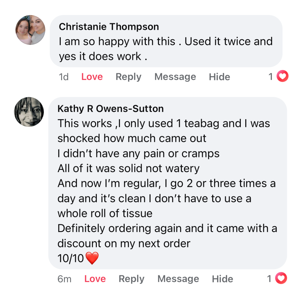 A screenshot of two positive social media reviews for a product.