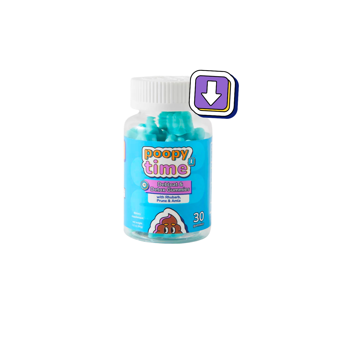 Bottle of blue gummies labeled 'poopy time' with a cartoon poop icon.